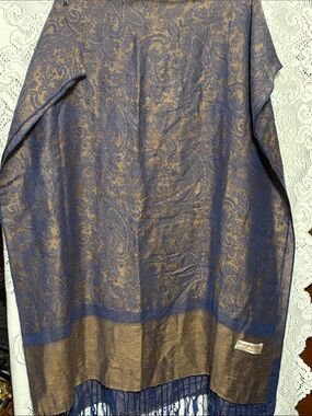 Navy and Gold Paisley Fringe Wrap Scarf